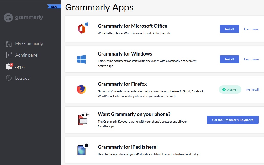 Lista aplikacji Grammarly widoczna w zakładce Apps, obejmująca Grammarly for Microsoft Office, Grammarly for Windows, Grammarly for Firefox, aplikację mobilną i aplikację przeznaczoną na iPada