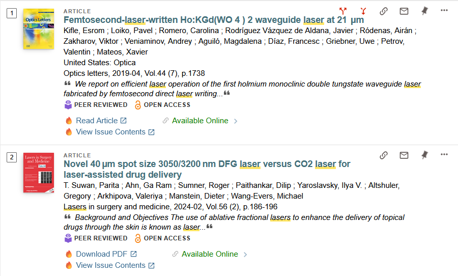 A screenshot of search results in the Primo system showing academic article records with new LibKey buttons, marked with flame icons, enabling direct PDF download and access to journal issue contents.
