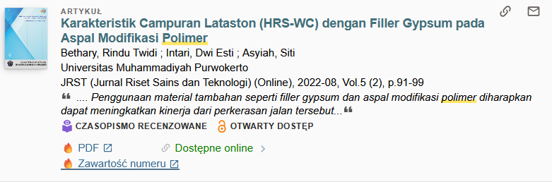 Widok rekordu artykułu naukowego w katalogu Bibliotek PW z tytułem, autorami, afiliacją, źródłem publikacji oraz oznaczeniami czasopisma recenzowanego i otwartego dostępu, z przyciskami umożliwiającymi przejście do pełnego tekstu PDF, wersji online oraz zawartości numeru