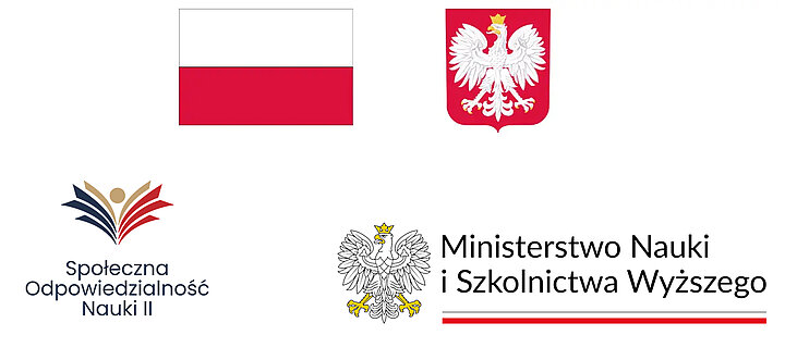 Zestaw logotypów programu „Społeczna Odpowiedzialność Nauki II” i Ministerstwa Nauki i Szkolnictwa Wyższego, wraz z flagą i godłem Rzeczypospolitej Polskiej